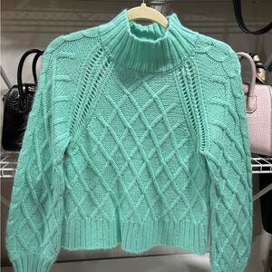 Mint Green Cable Knit Turtleneck Sweater